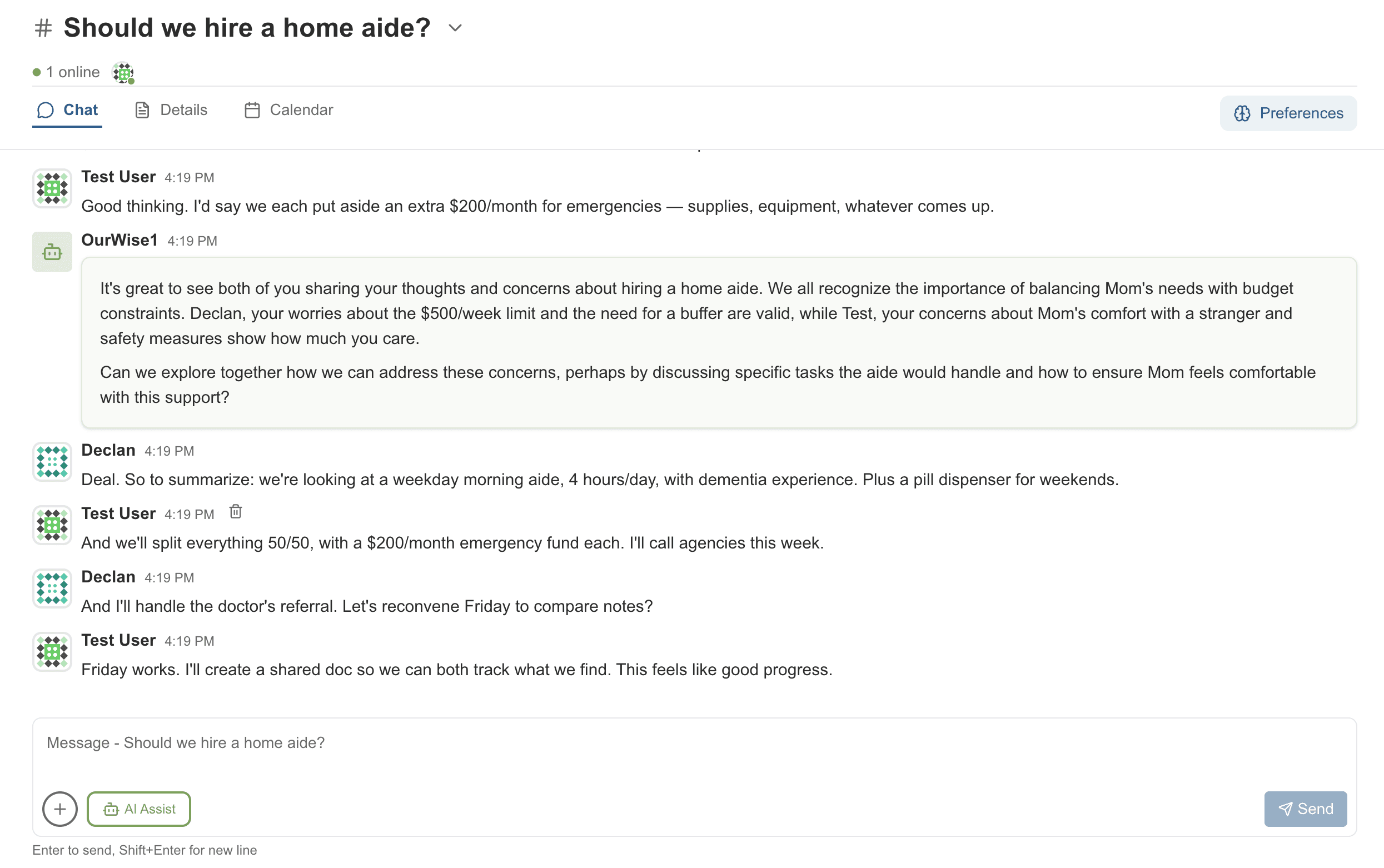 AllWise AI-facilitated family discussion about hiring a home aide